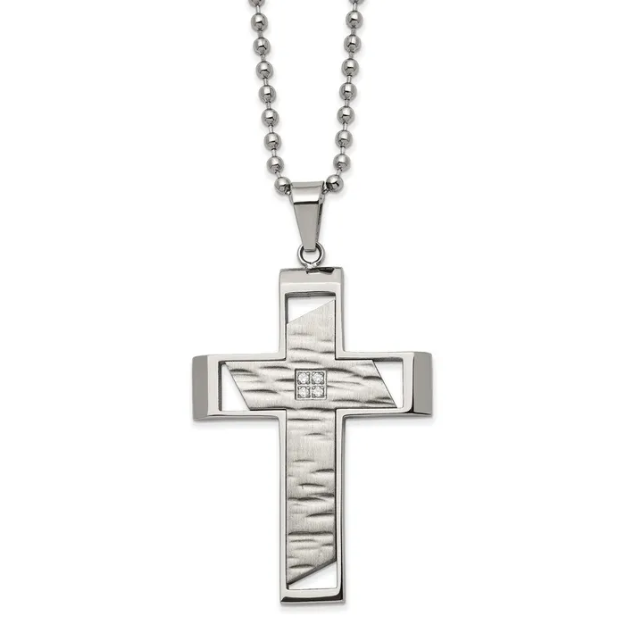 Necklaces TreasureFineJewelers Chisel Stainless Steel Brushed Polished and Textured with CZ Cutout Cross Pendant on a 22 inch Ball Chain Necklace Necklaces TreasureFineJewelers Chisel Stainless Steel Brushed Polished and Textured with CZ Cutout Cross Pendant on a 22 inch Ball Chain Necklace