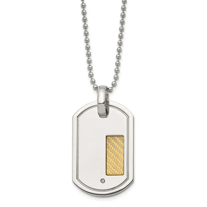 Necklaces TreasureFineJewelers Chisel Stainless Steel Polished with 18k Gold Accent 01 carat Diamond Dog Tag on a 24 inch Ball Chain Necklace