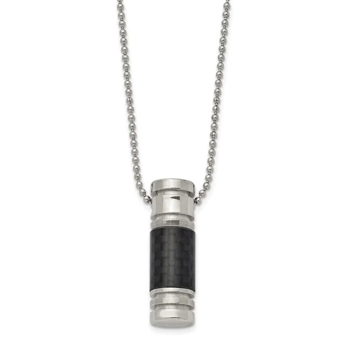 Necklaces TreasureFineJewelers Chisel Stainless Steel Polished with Black Carbon Fiber Inlay Cylinder on a 22 inch Ball Chain Necklace Necklaces TreasureFineJewelers Chisel Stainless Steel Polished with Black Carbon Fiber Inlay Cylinder on a 22 inch Ball Chain Necklace