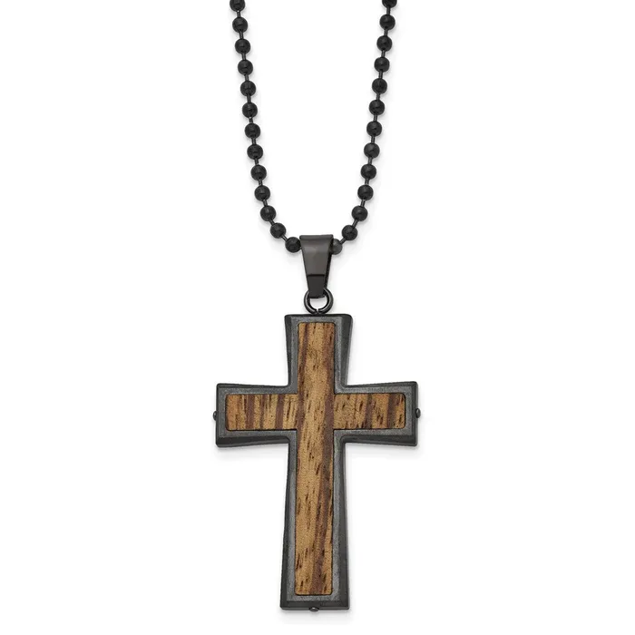 Stainless Steel Brushed GunMetal IPplated wWood Inlay Cross Necklace TreasureFineJewelers Necklaces Stainless Steel Brushed GunMetal IPplated wWood Inlay Cross Necklace TreasureFineJewelers Necklaces
