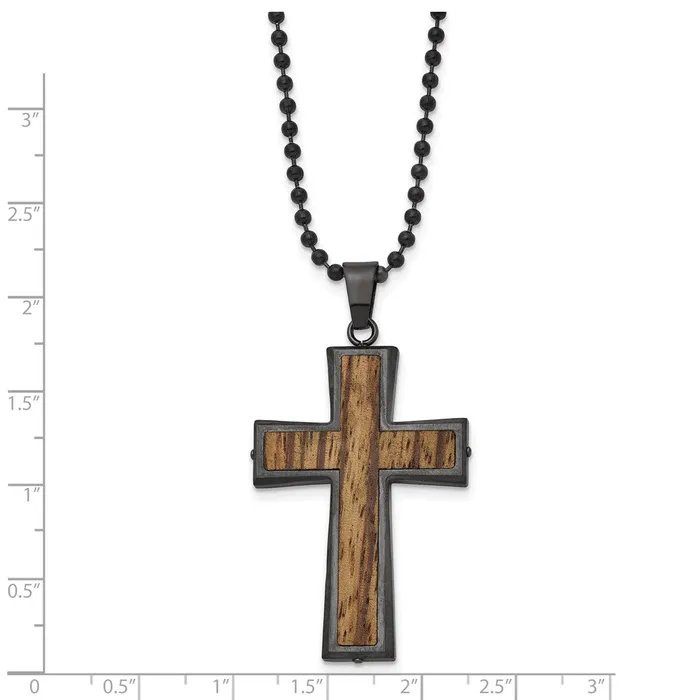 Stainless Steel Brushed GunMetal IPplated wWood Inlay Cross Necklace TreasureFineJewelers Necklaces