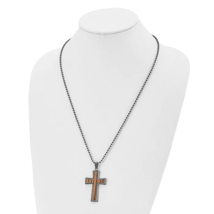 Stainless Steel Brushed GunMetal IPplated wWood Inlay Cross Necklace TreasureFineJewelers Necklaces