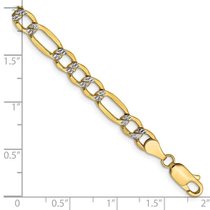 TreasureFineJewelers Bracelets 14K 8 inch 525mm SemiSolid with Rhodium Pav Figaro with Lobster Clasp Bracelet