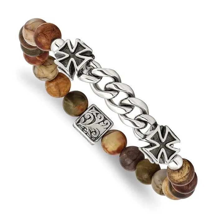 TreasureFineJewelers Bracelets Chisel Stainless Steel Antiqued and Polished Cross 8mm Natural Turquoise Beaded Stretch Bracelet TreasureFineJewelers Bracelets Chisel Stainless Steel Antiqued and Polished Cross 8mm Natural Turquoise Beaded Stretch Bracelet