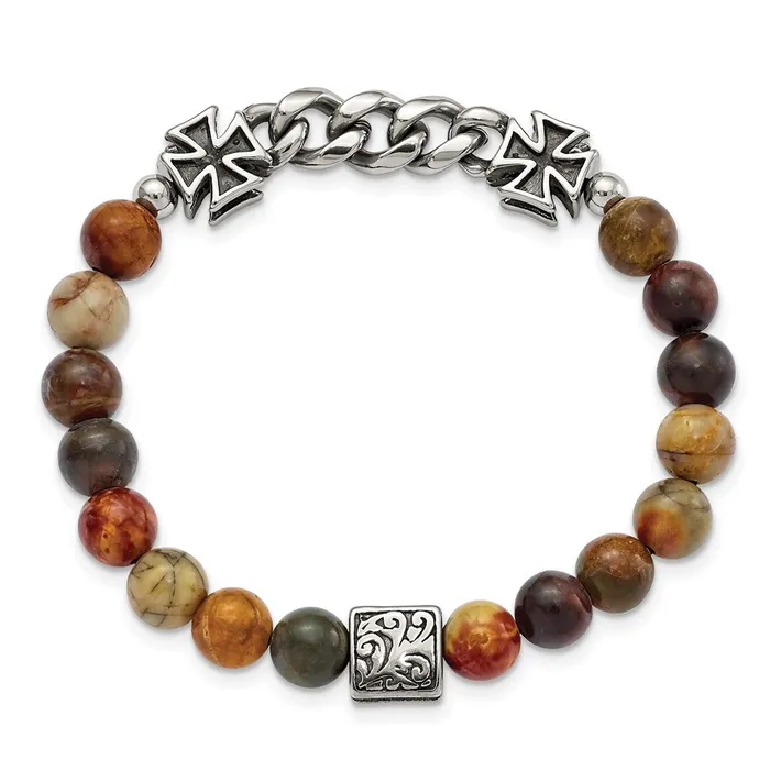 TreasureFineJewelers Bracelets Chisel Stainless Steel Antiqued and Polished Cross 8mm Natural Turquoise Beaded Stretch Bracelet