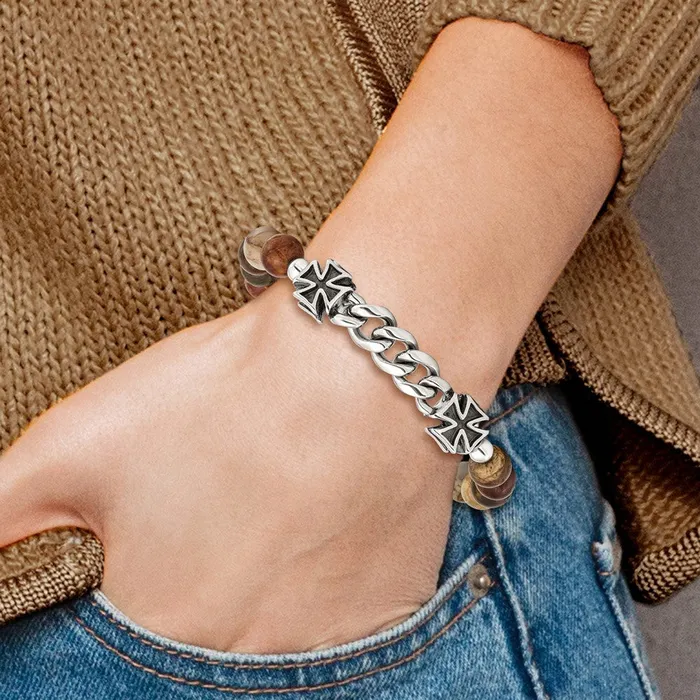 TreasureFineJewelers Bracelets Chisel Stainless Steel Antiqued and Polished Cross 8mm Natural Turquoise Beaded Stretch Bracelet
