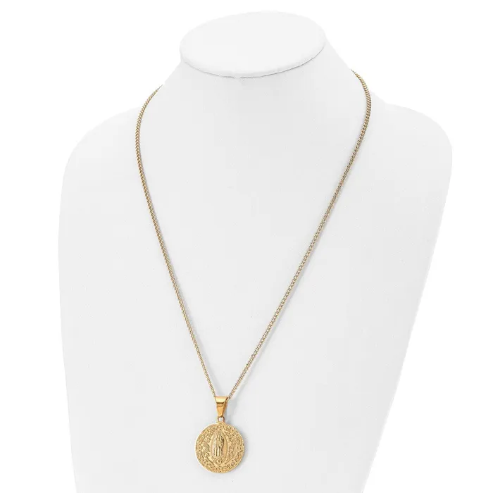 TreasureFineJewelers Necklaces Chisel Stainless Steel Polished and Textured Yellow IPplated Our Lady of Guadalupe Pendant on a 24 inch Curb Chain Necklace