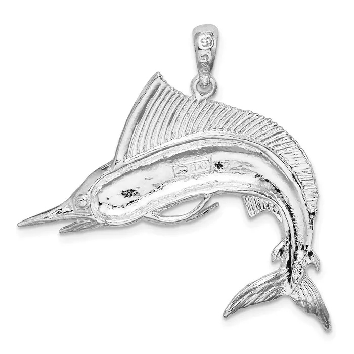 TreasureFineJewelers Necklaces Sterling Silver Polished and Satin Striped Marlin Pendant
