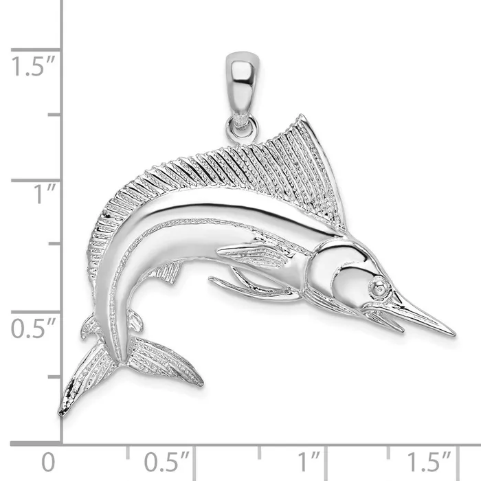 TreasureFineJewelers Necklaces Sterling Silver Polished and Satin Striped Marlin Pendant