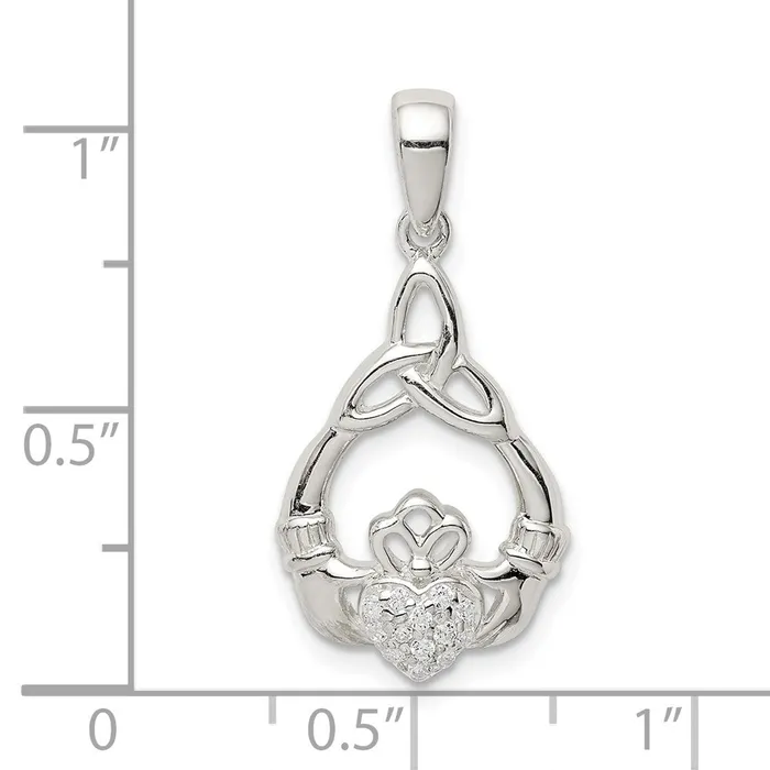TreasureFineJewelers Necklaces Sterling Silver Polished CZ Claddagh wTrinity Knot Pendant