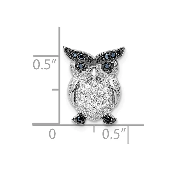 TreasureFineJewelers Necklaces Sterling Silver Rhodiumplated Black and Clear CZ Owl Chain Slide