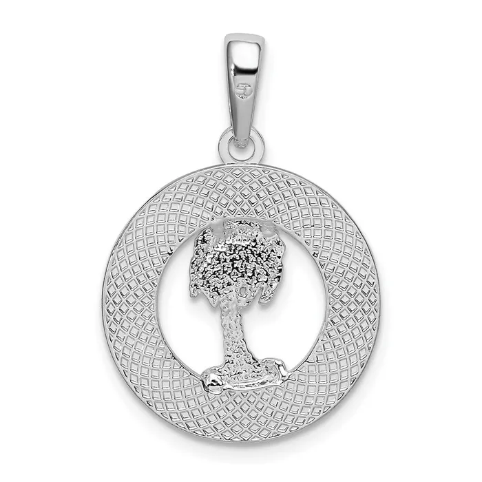TreasureFineJewelers Necklaces Sterling Silver Textured Bahamas Circle wPalm Tree Pendant
