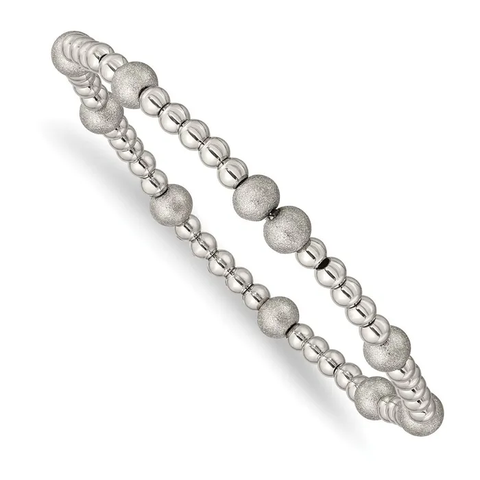 TreasureFineJewelers Stainless Steel Polished Sandblasted Beaded Stretch Bracelet Bracelets TreasureFineJewelers Stainless Steel Polished Sandblasted Beaded Stretch Bracelet Bracelets