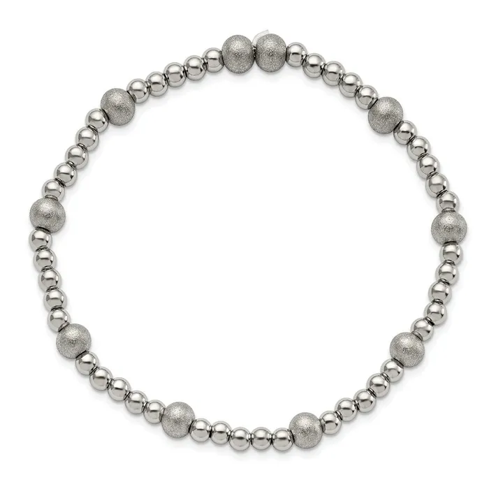 TreasureFineJewelers Stainless Steel Polished Sandblasted Beaded Stretch Bracelet Bracelets