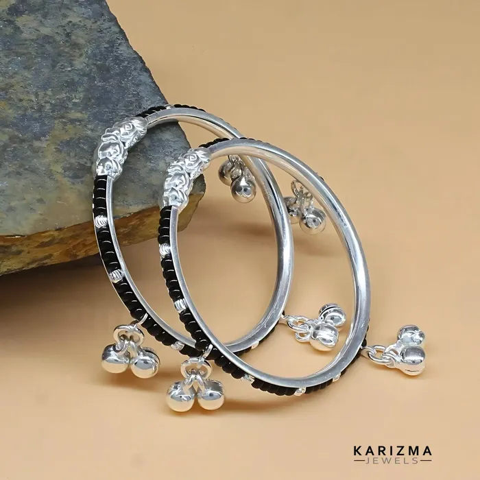 Bracelets Karizma Jewels Real Silver amazing Black Beads Nazariya kids Bangles Bracelet With Jingle Bells Pair