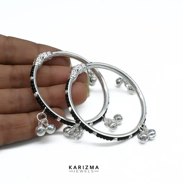 Bracelets Karizma Jewels Real Silver amazing Black Beads Nazariya kids Bangles Bracelet With Jingle Bells Pair