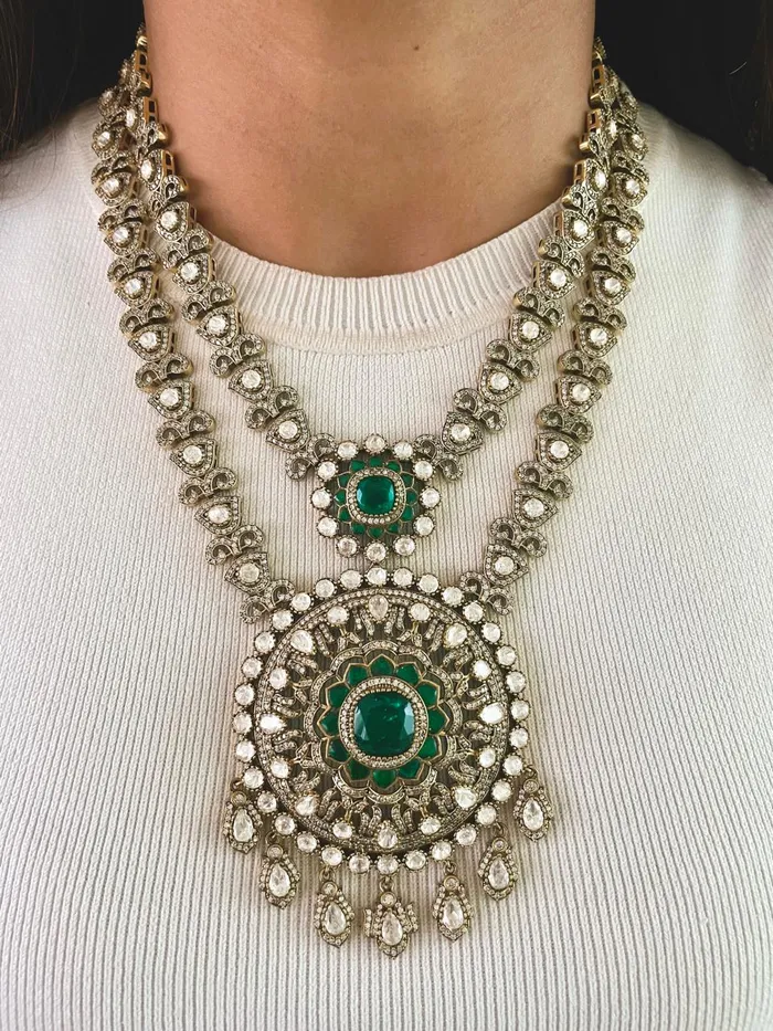 Marigold Emerald Polki Kundan Necklace Set Necklace Earrings Mang Tika PRERTO ECOMMERCE PRIVATE LIMITED Necklaces Marigold Emerald Polki Kundan Necklace Set Necklace Earrings Mang Tika PRERTO ECOMMERCE PRIVATE LIMITED Necklaces