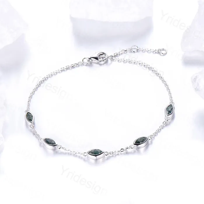 PENFINE Bracelets Dainty marquise cut moss agate bracelet bezel set green agate bracelet minimalist elegant stackable bracelet handmade anniversary gift women PENFINE Bracelets Dainty marquise cut moss agate bracelet bezel set green agate bracelet minimalist elegant stackable bracelet handmade anniversary gift women