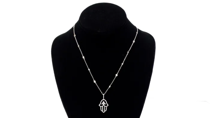 Vintage by Misty Necklaces 14k White Gold 585 Hamsa Pendant Necklace With Diamonds