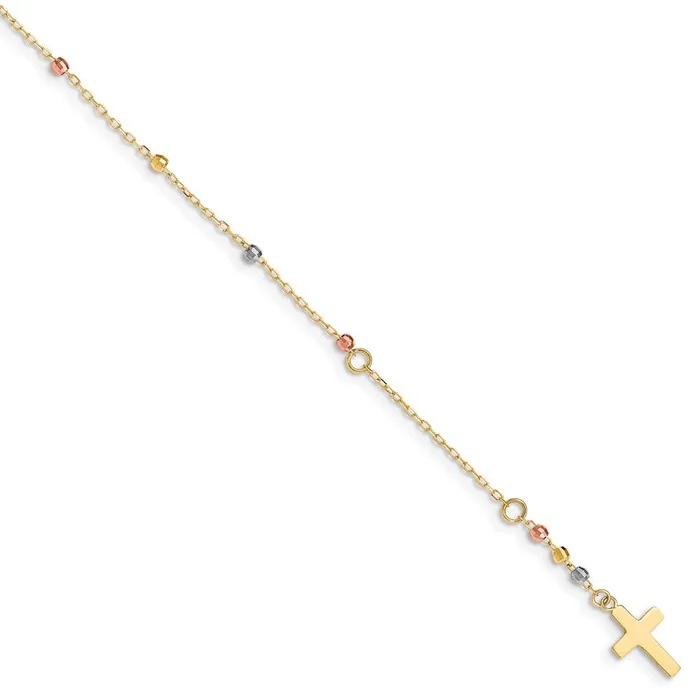 WB Choice Jewelry Bracelets 14K Tri Colored Gold Diamond Cut Beaded Cross W1 IN Ext BraceletWBCFB14567