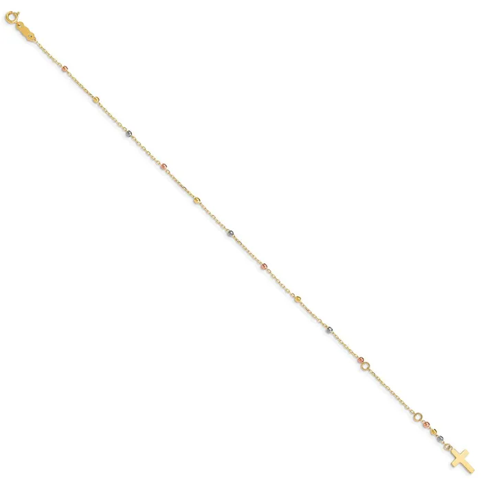 WB Choice Jewelry Bracelets 14K Tri Colored Gold Diamond Cut Beaded Cross W1 IN Ext BraceletWBCFB14567 WB Choice Jewelry Bracelets 14K Tri Colored Gold Diamond Cut Beaded Cross W1 IN Ext BraceletWBCFB14567