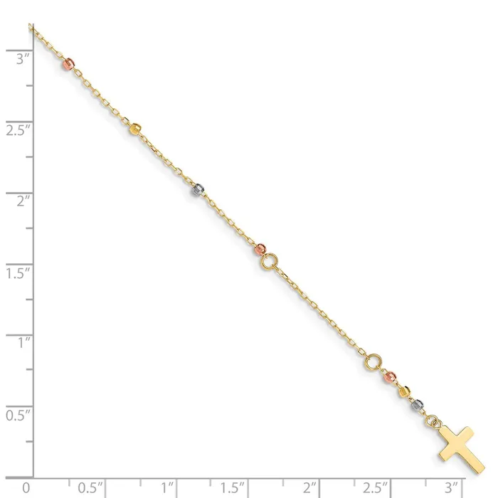 WB Choice Jewelry Bracelets 14K Tri Colored Gold Diamond Cut Beaded Cross W1 IN Ext BraceletWBCFB14567 WB Choice Jewelry Bracelets 14K Tri Colored Gold Diamond Cut Beaded Cross W1 IN Ext BraceletWBCFB14567