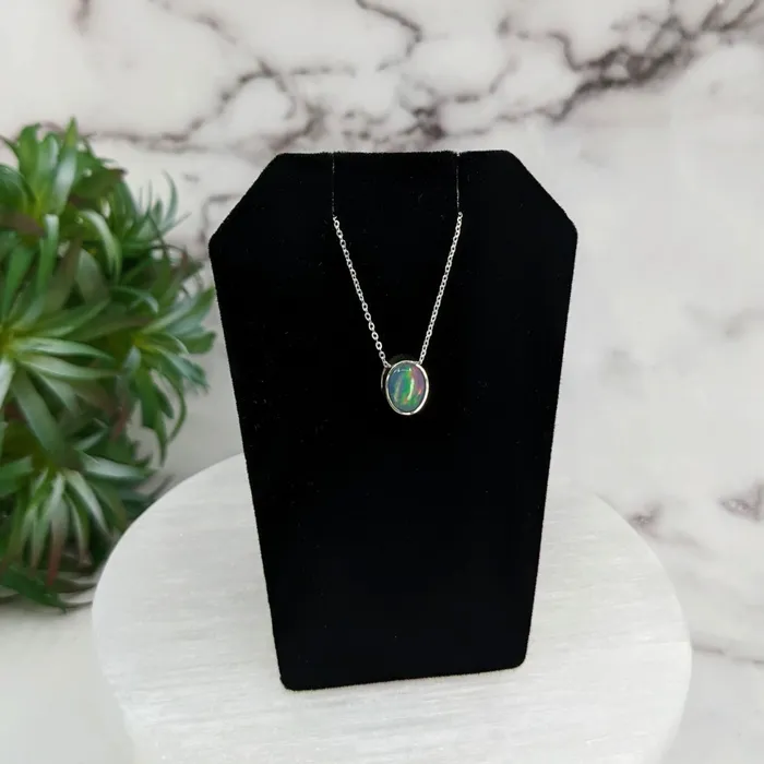 Bliss Crystals Necklaces Ethiopian Opal Polished Oval Necklace Sterling Silver Slider Pendant on 18 Chain LV3251