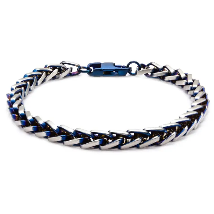 Blue and Silver Tone Stainless Steel Rounded Franco Chain Denim Fade Bracelet INOX JEWELRY Bracelets