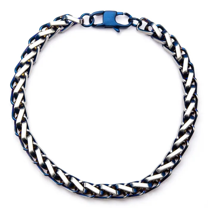 Blue and Silver Tone Stainless Steel Rounded Franco Chain Denim Fade Bracelet INOX JEWELRY Bracelets