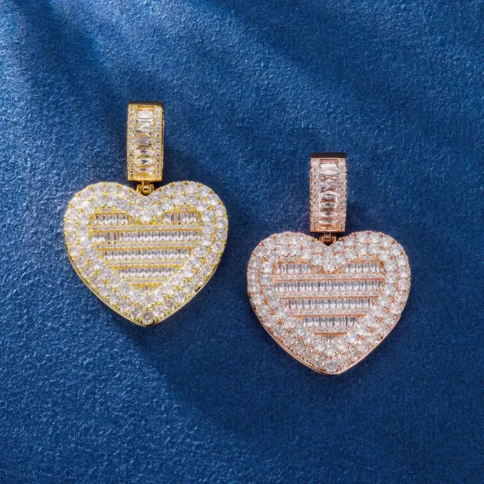 Custom Baguette Heart with Cover Photo Pendant icezeusshop Necklaces