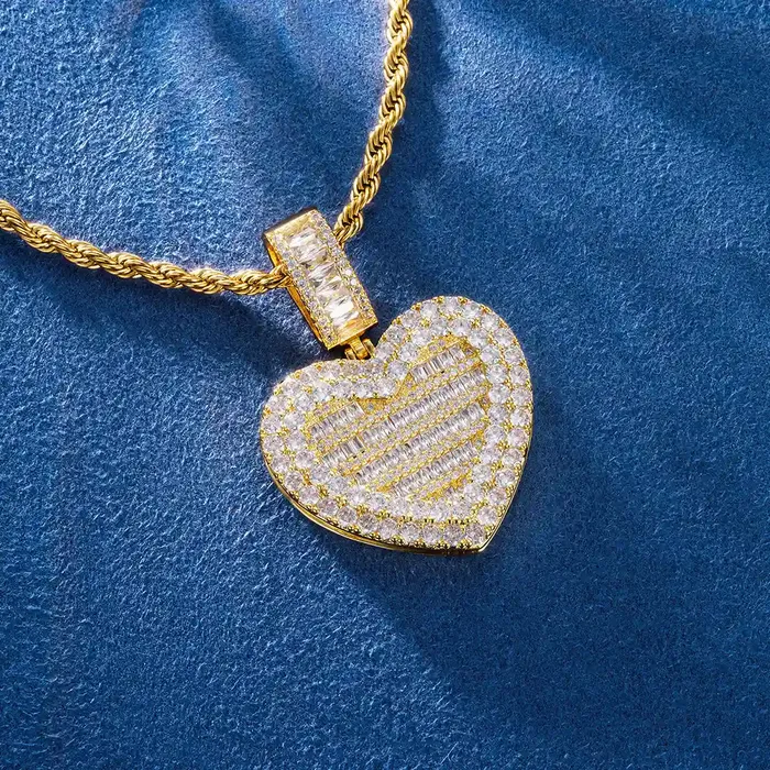 Custom Baguette Heart with Cover Photo Pendant icezeusshop Necklaces Custom Baguette Heart with Cover Photo Pendant icezeusshop Necklaces