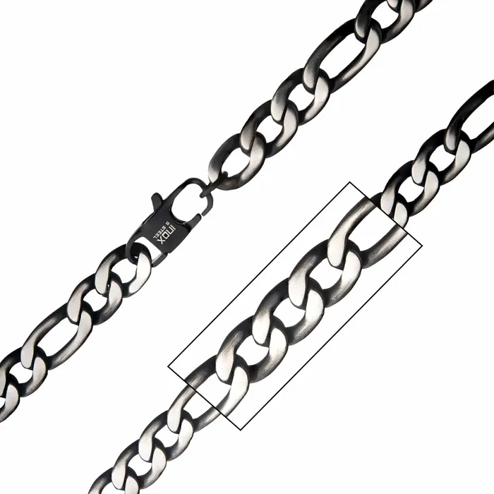 INOX JEWELRY Necklaces Black and Silver Tone Stainless Steel 9mm Figaro Link Chain