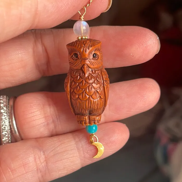 Love Vintage Paris Necklaces Carved Owl Pendant Netsuke Moon Drop Turquoise and Moonstone Gold filled findings Love Vintage Paris Necklaces Carved Owl Pendant Netsuke Moon Drop Turquoise and Moonstone Gold filled findings