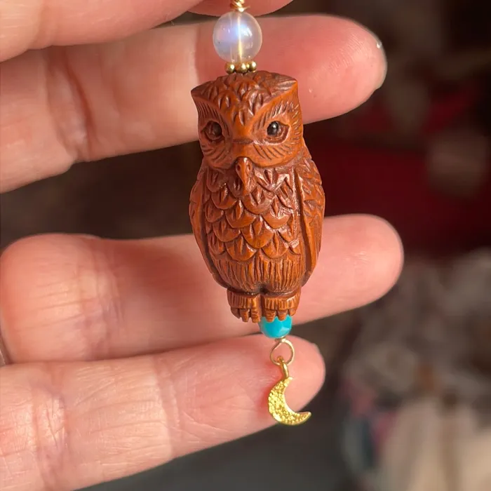 Love Vintage Paris Necklaces Carved Owl Pendant Netsuke Moon Drop Turquoise and Moonstone Gold filled findings