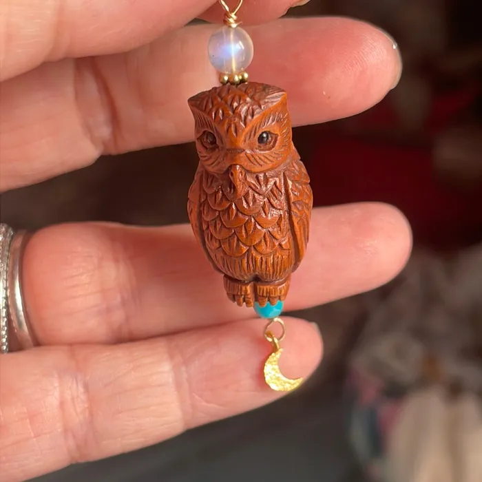 Love Vintage Paris Necklaces Carved Owl Pendant Netsuke Moon Drop Turquoise and Moonstone Gold filled findings