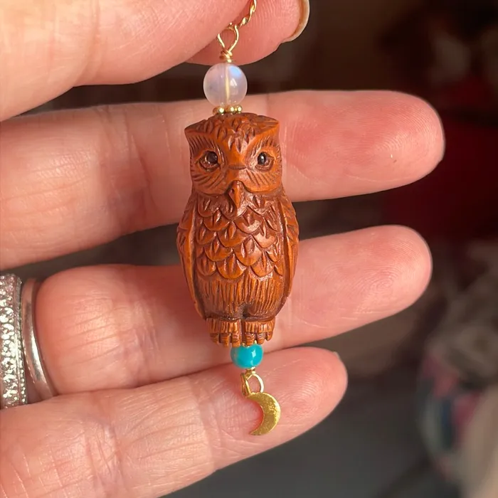 Love Vintage Paris Necklaces Carved Owl Pendant Netsuke Moon Drop Turquoise and Moonstone Gold filled findings