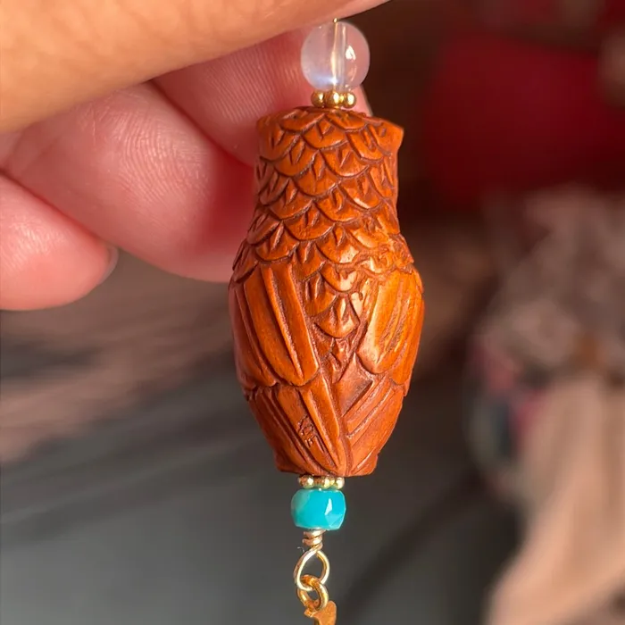 Love Vintage Paris Necklaces Carved Owl Pendant Netsuke Moon Drop Turquoise and Moonstone Gold filled findings