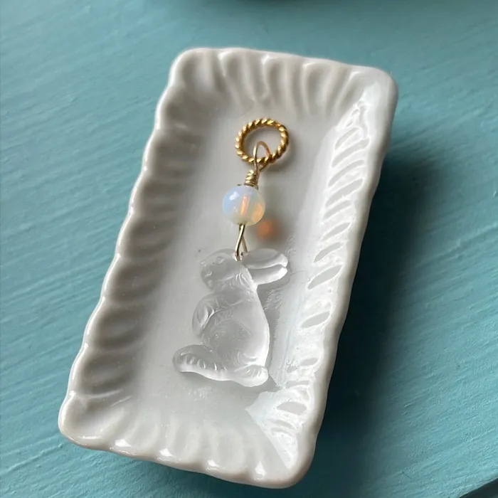 Love Vintage Paris Necklaces Glass Rabbit Pendant Opal Glass Gold Filled Handmade