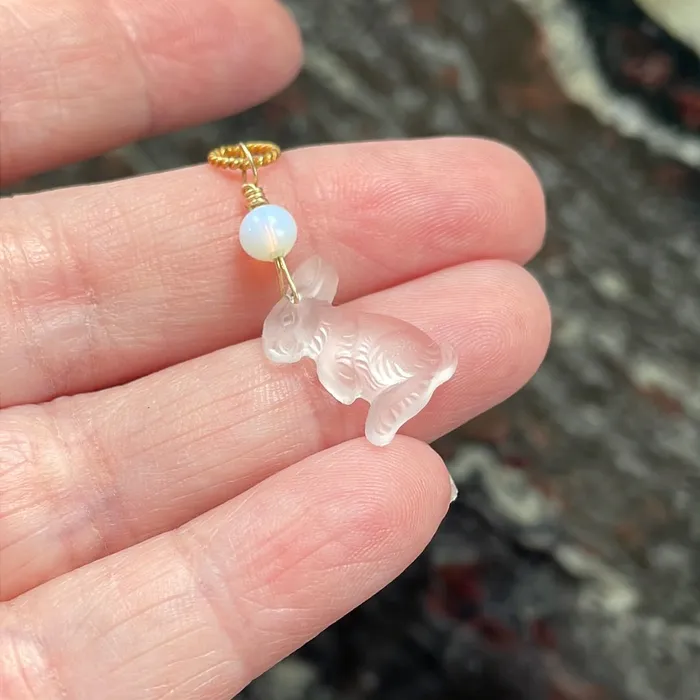 Love Vintage Paris Necklaces Glass Rabbit Pendant Opal Glass Gold Filled Handmade