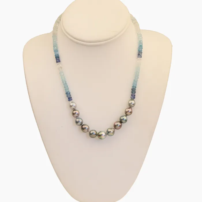 misha hawaii Necklaces Mana Ombre Aquamarine Tahitian Pearl Necklace