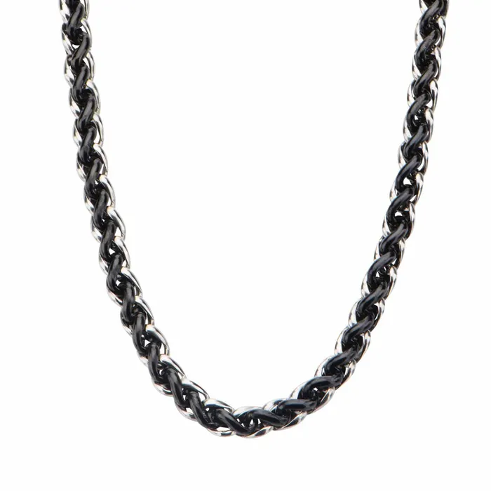 Silver Tone and Black Stainless Steel Wheat Chain INOX JEWELRY Necklaces