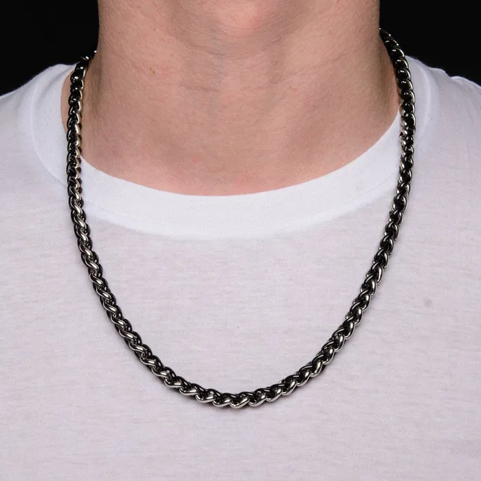 Silver Tone and Black Stainless Steel Wheat Chain INOX JEWELRY Necklaces