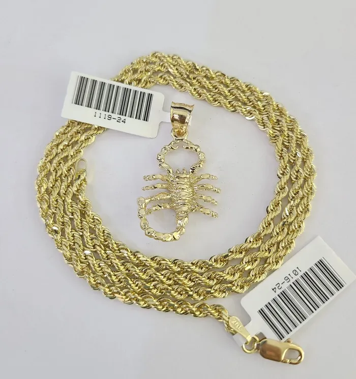 10k Solid Rope Chain 3mm Scorpion Pendant Charm Necklace SET 1826 in Gold and Diamond Necklaces 10k Solid Rope Chain 3mm Scorpion Pendant Charm Necklace SET 1826 in Gold and Diamond Necklaces