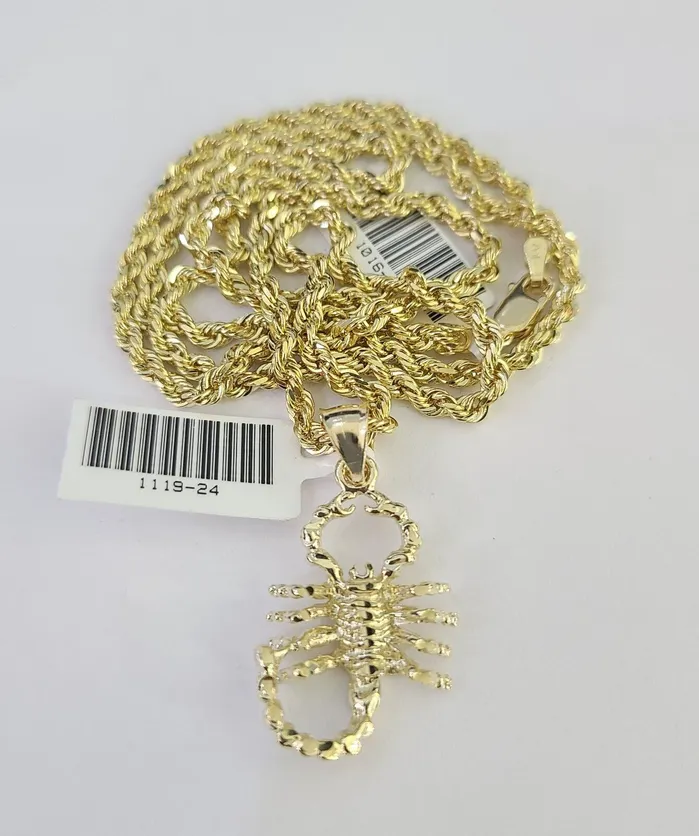 10k Solid Rope Chain 3mm Scorpion Pendant Charm Necklace SET 1826 in Gold and Diamond Necklaces