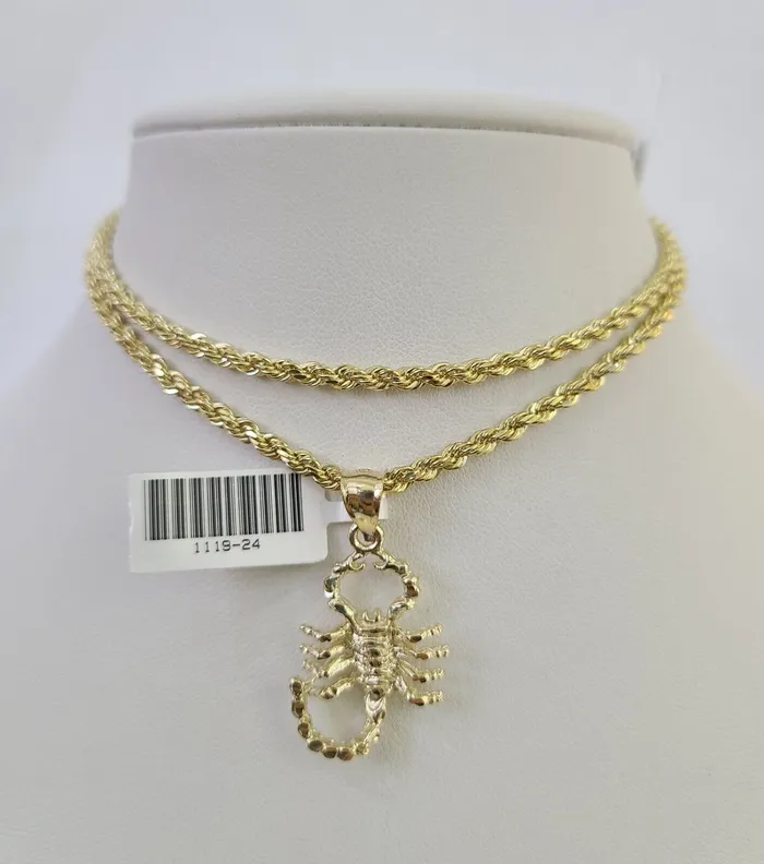 10k Solid Rope Chain 3mm Scorpion Pendant Charm Necklace SET 1826 in Gold and Diamond Necklaces