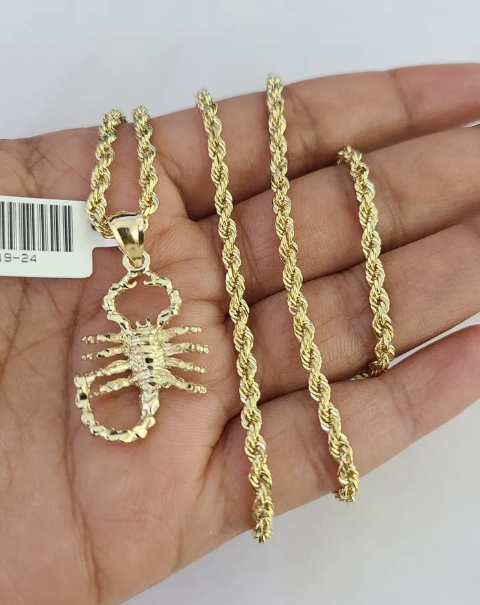 10k Solid Rope Chain 3mm Scorpion Pendant Charm Necklace SET 1826 in Gold and Diamond Necklaces