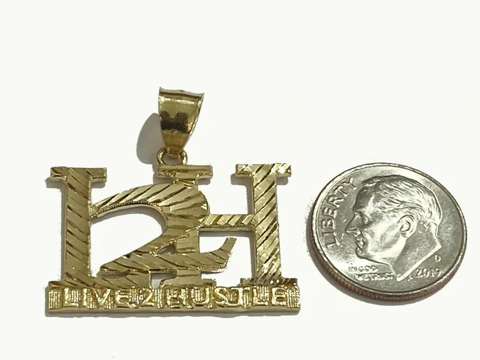 10k Yellow Gold L2H Charm LIVE 2 HUSTLE Pendant DiamondCut Design Men Women Real Gold and Diamond Necklaces