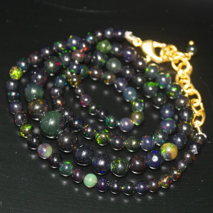 Beads Supplies USA Black Ethiopian Opal Round Ball Gold Plated Gemstone Beads Necklace 18 Necklaces