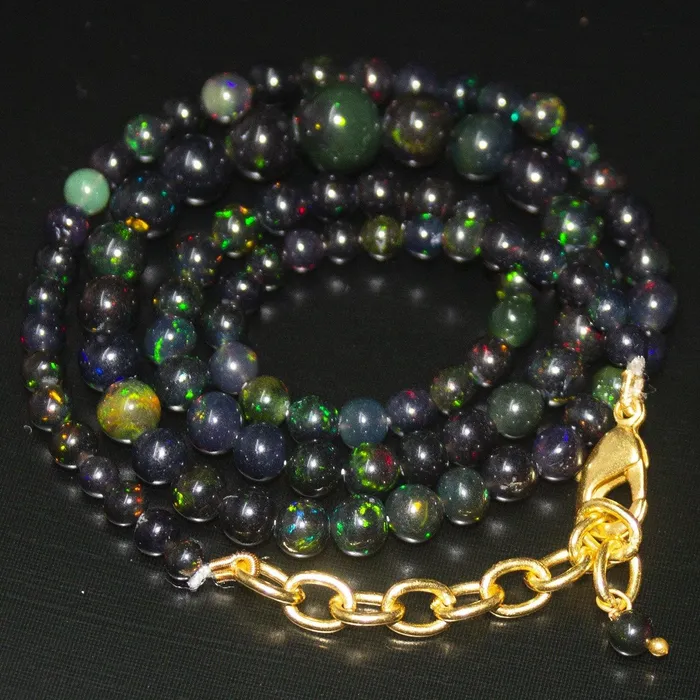 Beads Supplies USA Black Ethiopian Opal Round Ball Gold Plated Gemstone Beads Necklace 18 Necklaces