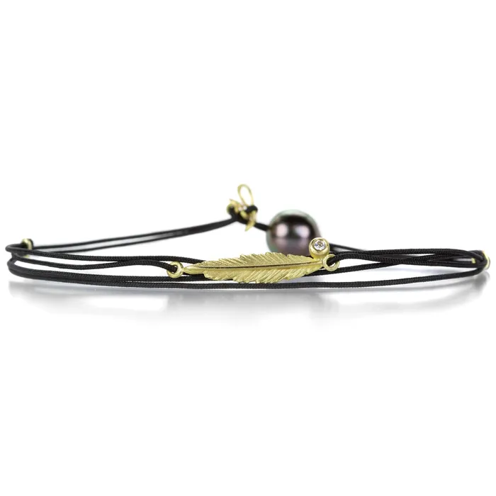 Black Cord Bracelet with 18k Yellow Gold Feather Lene Vibe Bracelets
